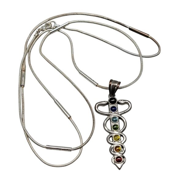 Chakra Healing Caduceus Pendant Necklace Faux Gemstones 35" Chain Silver Tone - Picture 1 of 16